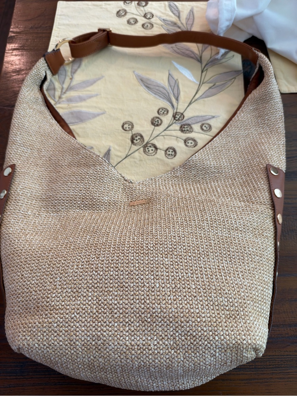 Hammitt Woven Straw Shoulder Bag in Tan with Brown Leather Trim - Picture 6 of 11